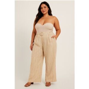 Lane Bryant Linen Dress Pants Womens 26 Cream Striped Belted Wide Leg Comfy‎ New